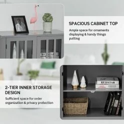 GIANTEX Meuble De Rangement En Bois, Buffet Moderne Sur Pieds Avec 2 Etagères & 2 Portes En Verre, Commode Armoire De Rangement Pour Cuisine, Salle à Manger, Salon, Entrée, 80,5 X 35,5 X 79 Cm (Gris) -Buffet et enfilade Soldes 63738156 2