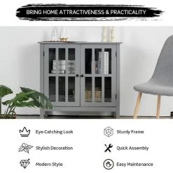 GIANTEX Meuble De Rangement En Bois, Buffet Moderne Sur Pieds Avec 2 Etagères & 2 Portes En Verre, Commode Armoire De Rangement Pour Cuisine, Salle à Manger, Salon, Entrée, 80,5 X 35,5 X 79 Cm (Gris) -Buffet et enfilade Soldes 63738156 5