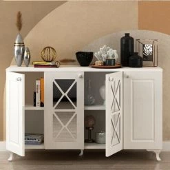 HOME MANIA Armoire Multifonctionnelle Espeya - Du Salon, De La Cuisine, Du Hall, De La Chambre - Blanc En Panneau D'agglomere Melamine, MDF, MFC, Pieds : PVC, 120 X 37 X 72 Cm -Buffet et enfilade Soldes 63856042 5