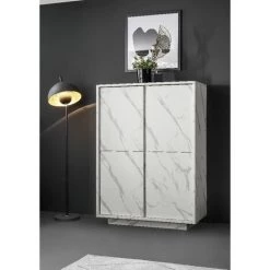 HOMEMANIA Armoire Multifonctionnelle Carrara - 4 Portes - Pour Le Hall D'entree, La Chambre A Coucher, La Cuisine, Le Couloir - Blanc En Panneau De Particules De Melamine, 110,1 X 42 X 186 Cm