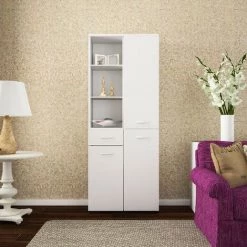 HOMEMANIA Armoire Multifonctionnelle Herne - Avec Porte, Etageres - De La Salle De Sejour, Cuisine, Entree, Buanderie, Garage - Blanc En Panneau D'agglomere 18 Mm, 55 X 32 X 165 Cm