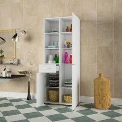 HOMEMANIA Armoire Multifonctionnelle Herne - Avec Porte, Etageres - De La Salle De Sejour, Cuisine, Entree, Buanderie, Garage - Blanc En Panneau D'agglomere 18 Mm, 55 X 32 X 165 Cm -Buffet et enfilade Soldes 63856756 4