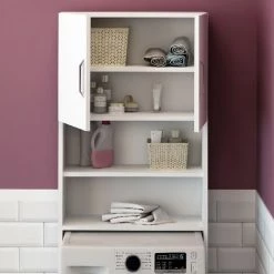 HOMEMANIA Armoire Multifonctionnelle Lange - Pour Salon, Cuisine, Hall, Chambre - Blanc En Panneau D'agglomere Melamine, MFC, Poignee : Chrome, 64 X 20 X 180 Cm -Buffet et enfilade Soldes 63858567 5