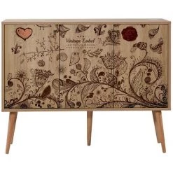 COTECOSY Buffet 3 Portes Areva 120x90cm Motif 'Vintage Label' Bois Naturel Et Bleu - Bois