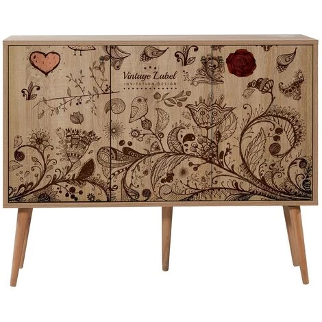 COTECOSY Buffet 3 Portes Areva 120x90cm Motif 'Vintage Label' Bois Naturel Et Bleu - Bois 1 COTECOSY Buffet 3 Portes Areva 120x90cm Motif 'Vintage Label' Bois Naturel Et Bleu - Bois