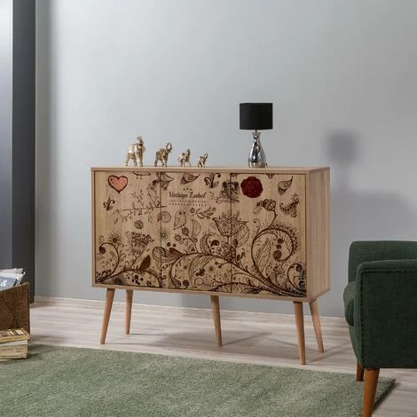 COTECOSY Buffet 3 Portes Areva 120x90cm Motif 'Vintage Label' Bois Naturel Et Bleu - Bois 2 COTECOSY Buffet 3 Portes Areva 120x90cm Motif 'Vintage Label' Bois Naturel Et Bleu - Bois – Image 2