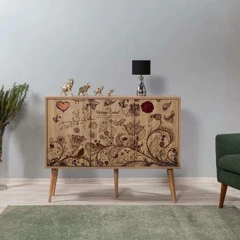 COTECOSY Buffet 3 Portes Areva 120x90cm Motif 'Vintage Label' Bois Naturel Et Bleu - Bois 3 COTECOSY Buffet 3 Portes Areva 120x90cm Motif 'Vintage Label' Bois Naturel Et Bleu - Bois – Image 3