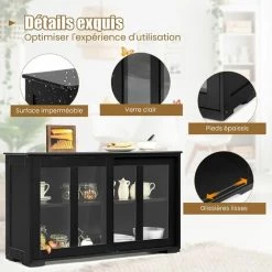 RELAX4LIFE Buffet De Cuisine 2 Portes Coulissantes En Verre Et 2 Couches Réglables, Buffet Cuisine Meuble Rangement Contemporain Pour Cuisine Chambre Salon, 107x33x64cm(Noir) -Buffet et enfilade Soldes 64130106 4
