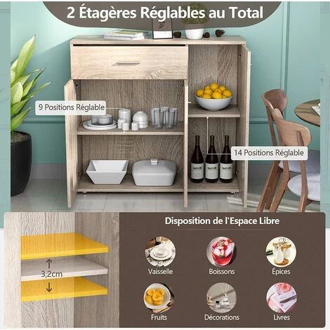 GOPLUS Buffet De Rangement Sur Pied Avec 1 Tiroir Et 3 Portes, Commode De Rangement Rectangulaire Avec ?tagères Ajustables Et Pieds Antidérapants, Charge Max 20KG (90x29x82CM-1 Tiroir 3 Portes, Chêne) 5 GOPLUS Buffet De Rangement Sur Pied Avec 1 Tiroir Et 3 Portes, Commode De Rangement Rectangulaire Avec ?tagères Ajustables Et Pieds Antidérapants, Charge Max 20KG (90x29x82CM-1 Tiroir 3 Portes, Chêne) – Image 5