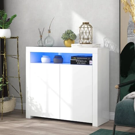 MODERNLUXE Buffet Meuble De Rangement Blanc Avec Lumière LED Meuble TV Avec 2 Portes Pour Salon Couloir Salle à Manger 1 MODERNLUXE Buffet Meuble De Rangement Blanc Avec Lumière LED Meuble TV Avec 2 Portes Pour Salon Couloir Salle à Manger