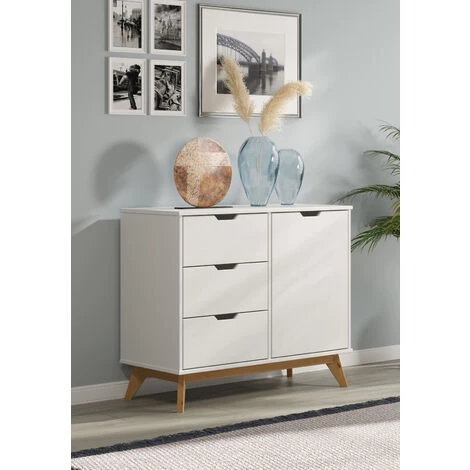 CASARIA Buffet Borneo En Bois Massif Style Scandinave Meuble De Rangement 96 X 40 X 79 Cm Avec 3 Tiroirs 1 Porte Blanc Bois 96x79x40cm - Weiß-natur (de) 2 CASARIA Buffet Borneo En Bois Massif Style Scandinave Meuble De Rangement 96 X 40 X 79 Cm Avec 3 Tiroirs 1 Porte Blanc Bois 96x79x40cm - Weiß-natur (de) – Image 2