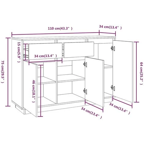 VidaXL Buffet 110x34x75 Cm Bois Massif De Pin - Brun 3 VidaXL Buffet 110x34x75 Cm Bois Massif De Pin - Brun – Image 3