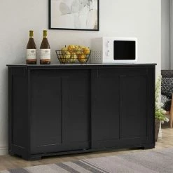 COSTWAY Buffet De Cuisine Avec Porte Coulissante, 107 X 33 X 60 CM, Buffet Bas Avec Étagère Réglable, Pour Salon Et Entrée, Noir