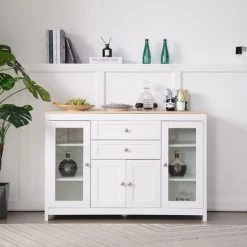 FVO Buffet,Meuble De Rangement 、Grain De Bois Blanc、,avecBuffet Buffet De Cuisine Moderne,Cave À Vin En Bois Pour Salon,Buffet Avec Buffet En Grain De Bois、 Blanc Avec Porte En Verre Incrusté Deux Tiroirs Salon Salle à 、manger -Buffet et enfilade Soldes 65884673 5