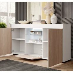 DESIGN AMEUBLEMENT Buffet Bahut 2 Portes 1 Tiroir Avec LED | 135 X 72 X 34 Cm | Couleur Blanc Finition Brillante | Meuble De Rangement | Modèle SEFORA - Sonoma/White -Buffet et enfilade Soldes 65951061 3