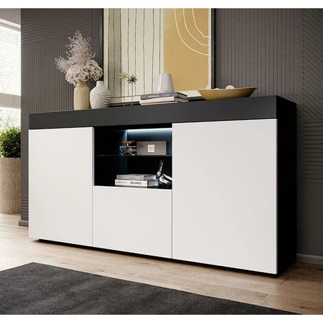 DESIGN AMEUBLEMENT Buffet Bahut 2 Portes 1 Tiroir Avec LED | 135 X 72 X 34 Cm | Couleur Blanc Finition Brillante | Meuble De Rangement | Modèle SEFORA - Noir/Blanc 2 DESIGN AMEUBLEMENT Buffet Bahut 2 Portes 1 Tiroir Avec LED | 135 X 72 X 34 Cm | Couleur Blanc Finition Brillante | Meuble De Rangement | Modèle SEFORA - Noir/Blanc – Image 2