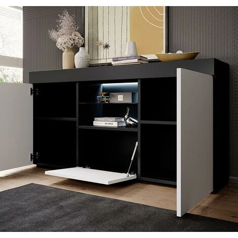 DESIGN AMEUBLEMENT Buffet Bahut 2 Portes 1 Tiroir Avec LED | 135 X 72 X 34 Cm | Couleur Blanc Finition Brillante | Meuble De Rangement | Modèle SEFORA - Noir/Blanc 3 DESIGN AMEUBLEMENT Buffet Bahut 2 Portes 1 Tiroir Avec LED | 135 X 72 X 34 Cm | Couleur Blanc Finition Brillante | Meuble De Rangement | Modèle SEFORA - Noir/Blanc – Image 3