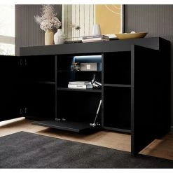 DESIGN AMEUBLEMENT Buffet Bahut 2 Portes 1 Tiroir Avec LED | 135 X 72 X 34 Cm | Couleur Blanc Finition Brillante | Meuble De Rangement | Modèle SEFORA - Noir -Buffet et enfilade Soldes 65952925 3