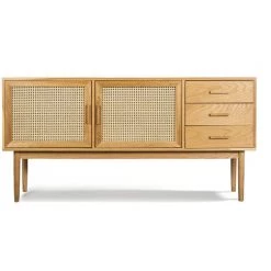 DRAWER Buffet Design 2 Portes 3 Tiroirs Bois Et Cannage - Hogarn - Couleur - Chêne
