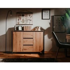 Buffet Industriel 2 Portes 3 Tiroirs L120 Cm - Denver - Calicosy - Bois Clair -Buffet et enfilade Soldes 66647881 2