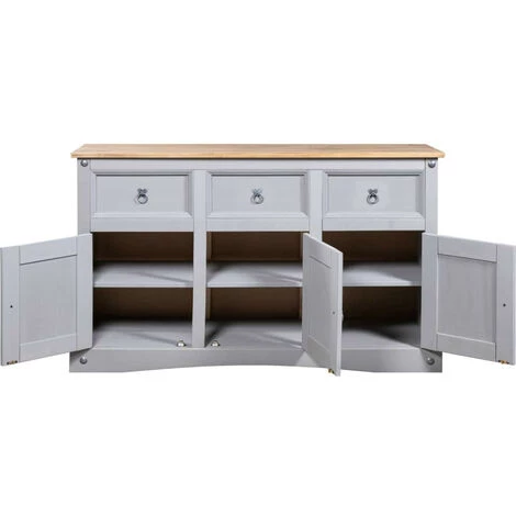 LES TENDANCES Buffet 3 Portes 3 Tiroirs Pin Massif Ciré Gris Clair Harrie 4 LES TENDANCES Buffet 3 Portes 3 Tiroirs Pin Massif Ciré Gris Clair Harrie – Image 4