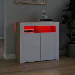 LES TENDANCES Buffet Avec Lumières LED Blanc Et Chêne Sonoma 80x35x75 Cm 7 LES TENDANCES Buffet Avec Lumières LED Blanc Et Chêne Sonoma 80x35x75 Cm -Buffet et enfilade Soldes 66888450 3