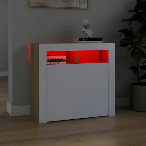LES TENDANCES Buffet Avec Lumières LED Blanc Et Chêne Sonoma 80x35x75 Cm 3 LES TENDANCES Buffet Avec Lumières LED Blanc Et Chêne Sonoma 80x35x75 Cm – Image 3