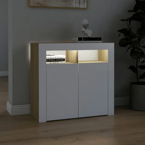 LES TENDANCES Buffet Avec Lumières LED Blanc Et Chêne Sonoma 80x35x75 Cm 5 LES TENDANCES Buffet Avec Lumières LED Blanc Et Chêne Sonoma 80x35x75 Cm – Image 5