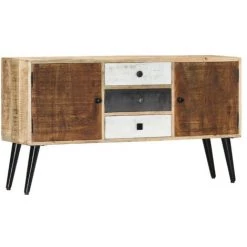 LES TENDANCES Buffet 2 Portes 3 Tiroirs Manguier Massif Clair Et Pieds Métal Noir Bastia