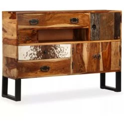 LES TENDANCES Buffet 3 Portes 4 Tiroirs Sesham Massif Clair Et Pieds Métal Noir Elane