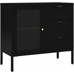 LES TENDANCES Buffet Noir 75x35x70 Cm Acier Et Verre Trempé