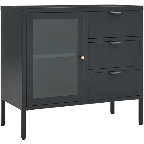 LES TENDANCES Buffet Anthracite 75x35x70 Cm Acier Et Verre Trempé 1 LES TENDANCES Buffet Anthracite 75x35x70 Cm Acier Et Verre Trempé