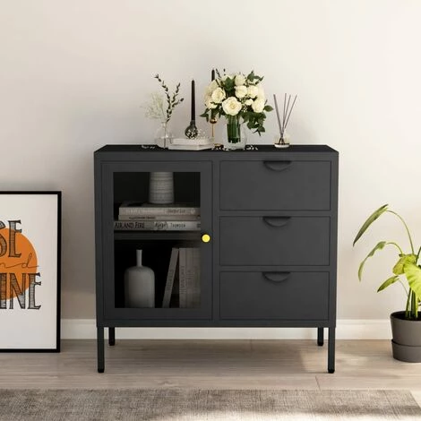 LES TENDANCES Buffet Anthracite 75x35x70 Cm Acier Et Verre Trempé 2 LES TENDANCES Buffet Anthracite 75x35x70 Cm Acier Et Verre Trempé – Image 2