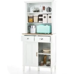 COSTWAY Buffet De Cuisine De 170 Cm Avec Niche, Meuble De Rangement Pour Garde-Manger Sur Pied Avec Portes Coulissantes, Placard Moderne Avec Étagères Ouvertes Et 2 Tiroirs Pour La Maison, Blanc