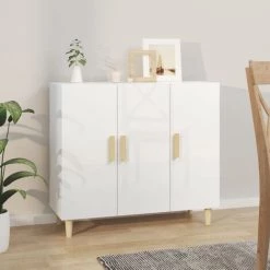 TRUE DEAL Buffet Blanc Brillant 90x34x80 Cm Bois D'ingénierie