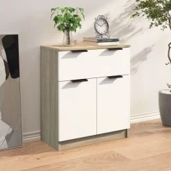 TRUE DEAL Buffet Blanc Et Chêne Sonoma 60x30x70 Cm Bois D'ingénierie -Buffet et enfilade Soldes 67297901 3