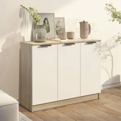 TRUE DEAL Buffet Blanc Et Chêne Sonoma 90,5x30x70 Cm Bois D'ingénierie -Buffet et enfilade Soldes 67301617 3