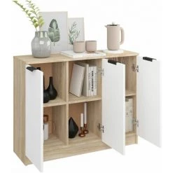 TRUE DEAL Buffet Blanc Et Chêne Sonoma 90,5x30x70 Cm Bois D'ingénierie -Buffet et enfilade Soldes 67301617 4