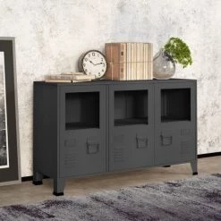 TRUE DEAL Buffet Industriel Anthracite 105x35x62 Cm Métal Et Verre