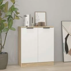 TRUE DEAL Buffet Blanc Et Chêne Sonoma 60x30x70 Cm Bois D'ingénierie