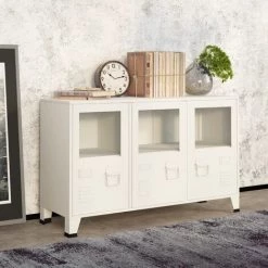 TRUE DEAL Buffet Industriel Blanc 105x35x62 Cm Métal Et Verre