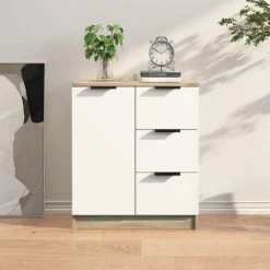 TRUE DEAL Buffet Blanc Et Chêne Sonoma 60x30x70 Cm Bois D'ingénierie