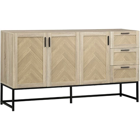 HOMCOM Buffet Meuble De Rangement Motif Chevron 3 Placards Et 3 Tiroirs - Piètement Métal - Structure MDF - I156 Cm - Bois Naturel 1 HOMCOM Buffet Meuble De Rangement Motif Chevron 3 Placards Et 3 Tiroirs - Piètement Métal - Structure MDF - I156 Cm - Bois Naturel