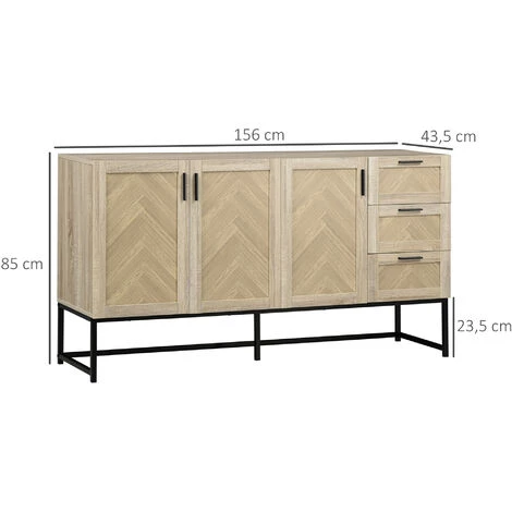 HOMCOM Buffet Meuble De Rangement Motif Chevron 3 Placards Et 3 Tiroirs - Piètement Métal - Structure MDF - I156 Cm - Bois Naturel 3 HOMCOM Buffet Meuble De Rangement Motif Chevron 3 Placards Et 3 Tiroirs - Piètement Métal - Structure MDF - I156 Cm - Bois Naturel – Image 3