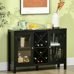 HOMCOM Buffet Meuble De Rangement 2 Portes Vitrées Avec étagère Réglable Et Porte-bouteilles Dim. 107I X 30l X 77H Cm MDF Noir - Noir -Buffet et enfilade Soldes 67360731 2