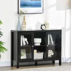HOMCOM Buffet Meuble De Rangement 2 Portes Vitrées Avec étagère Réglable Et Porte-bouteilles Dim. 107I X 30l X 77H Cm MDF Noir - Noir -Buffet et enfilade Soldes 67360731 4