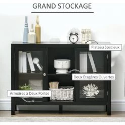 HOMCOM Buffet Meuble De Rangement 2 Portes Vitrées Avec étagère Réglable Et Porte-bouteilles Dim. 107I X 30l X 77H Cm MDF Noir - Noir -Buffet et enfilade Soldes 67360731 5