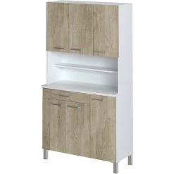 Buffet Meuble De Cuisine En Melaminé Coloris Blanc Et Chêne Finition Mat - Longueur 100 X Profondeur 43 X Hauteur 183 Cm -PEGANE-