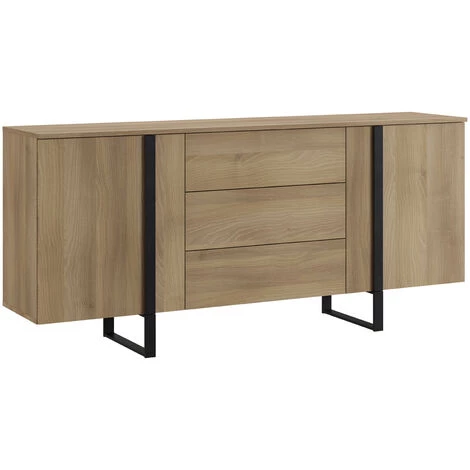 Buffet En Mélamine Et Métal Coloris Chêne / Noir - Longueur 180 X Profondeur 40 X Hauteur 82 Cm -PEGANE- 1 Buffet En Mélamine Et Métal Coloris Chêne / Noir - Longueur 180 X Profondeur 40 X Hauteur 82 Cm -PEGANE-