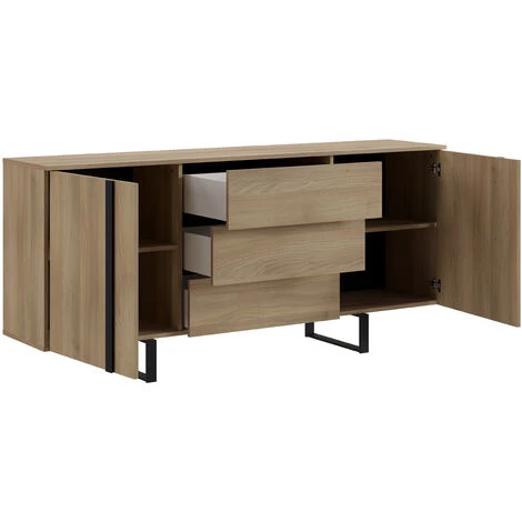 Buffet En Mélamine Et Métal Coloris Chêne / Noir - Longueur 180 X Profondeur 40 X Hauteur 82 Cm -PEGANE- 2 Buffet En Mélamine Et Métal Coloris Chêne / Noir - Longueur 180 X Profondeur 40 X Hauteur 82 Cm -PEGANE- – Image 2